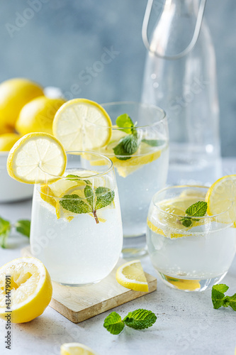 Fresh lemonade soda with sliced lemons in a glass