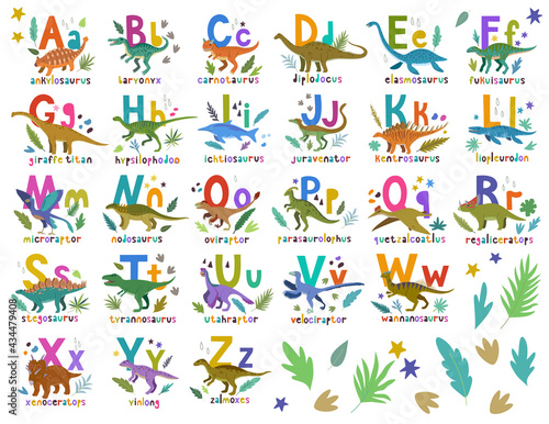  Dino alphabet. Bright colorful set with hand drawn cartoon cute dinosaurs and letters compositions for children and as education resources 