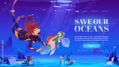 Woman scuba diver with turtle in plastic bag underwater in sea. Ocean pollution by trash, global littering. Save our oceans. Vector landing page with cartoon illustration of garbage on sea floor