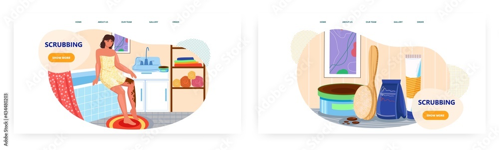 Scrubbing landing page design, website banner vector templates. Coffee body scrub, anti cellulite treatment, skin care. Scrubbing landing page design, website banner vector templates. Coffee body scrub, anti cellulite treatment, skin care.