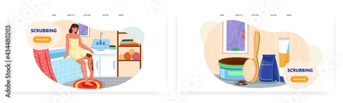 Scrubbing landing page design, website banner vector templates. Coffee body scrub, anti cellulite treatment, skin care.