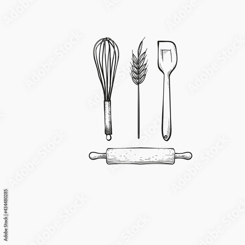 Baker utensils and wheat hand drawn vector design template