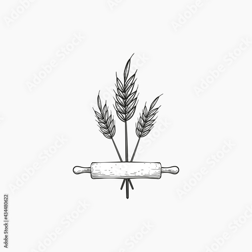 Rolling pin and wheat hand drawn vector design template