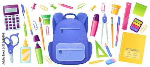 Stationery for school and kids backpack. Education supplies for children study. Vector cartoon set of bag, pen, pencils, eraser, drawing compass, notebook, calculator, scissors and ruler