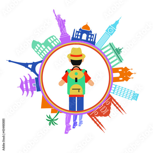 Travel and tourism background. Colorful template with traveler and icons, tourism landmarks. Illustration of flat design travel composition with famous world landmarks. File is saved in 10 EPS version