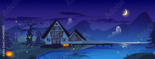 Halloween spooky illustration with old scary house, pumpkins, ghosts and bats. Vector cartoon night landscape with broken haunted cottage, black trees, mountains and lake