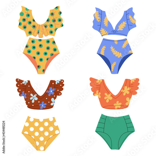 A set of fashionable swimwear in retro style. Beachwear. Vector Flat Illustration