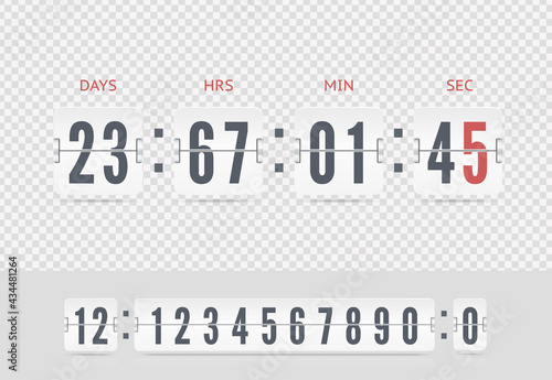 Retro design white score board floating clock template. Vector modern ui design of old time meter with numbers. Scoreboard number font isolated on transparent background
