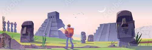 Hiker man on Easter island with ancient mayan pyramids and moai statue. Vector cartoon landscape with south american landmarks, temples, stone sculpture and tourist with backpack and map