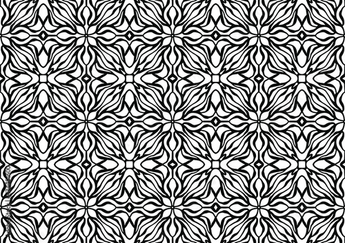 abstract seamless tile with flowers and folk style ornaments on a white background for coloring, seamless pattern, vector
