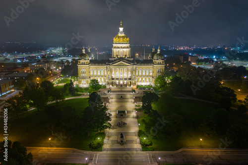 Iowa State Capitol Building Downtown Des Moines Aerial Night Long Exposure Photo Drone