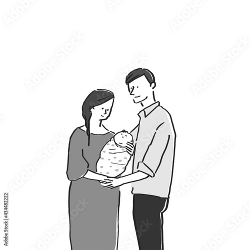 赤ちゃんを抱っこする母親と父親、夫婦、出産（白背景）