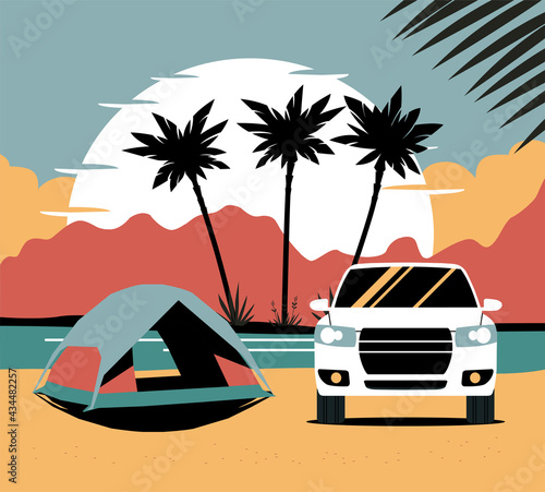 Tent and SUV car on background of abstract tropical landscape. Vector flat style illustration.