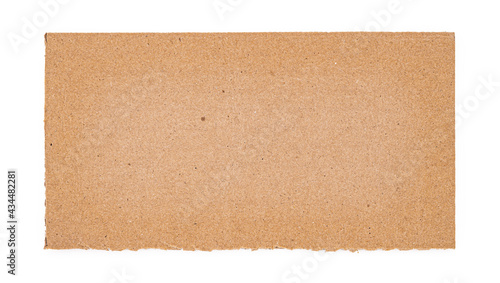 Ripped piece of cardboard isolated on white background. Cardboard with torn edges, top view.