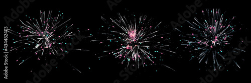 Red and blue fireworks set black night sky background isolated close up, colorful firecracker pattern, salute backdrop, holiday banner, celebration border, festive texture, design element, copy space