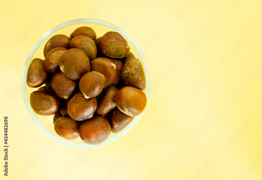 Chestnut kernels in a bowl on a yellow background Chestnut kernels in a bowl on a yellow background