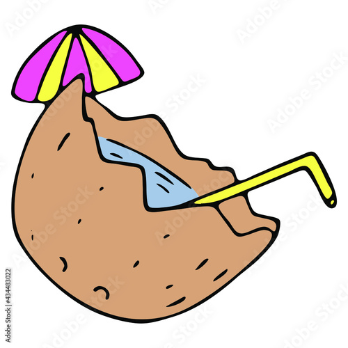 half coconut with cocktail, umbrella and straw, vector color doodle element with black outline