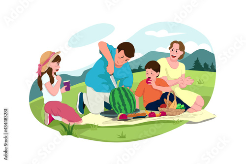 Family On Picnic. Male  female characters  children and adults on a picnic  holding fresh vegetables. Healthy eating  organic food concept