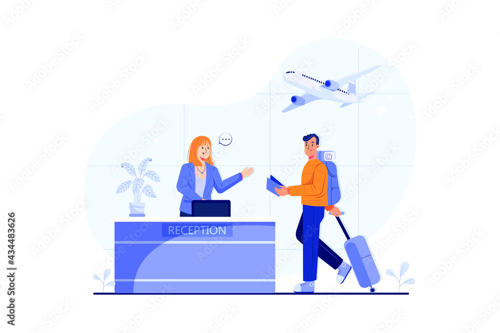 Man Going To Reception For Boarding Check Illustration concept. Flat illustration isolated on white background.