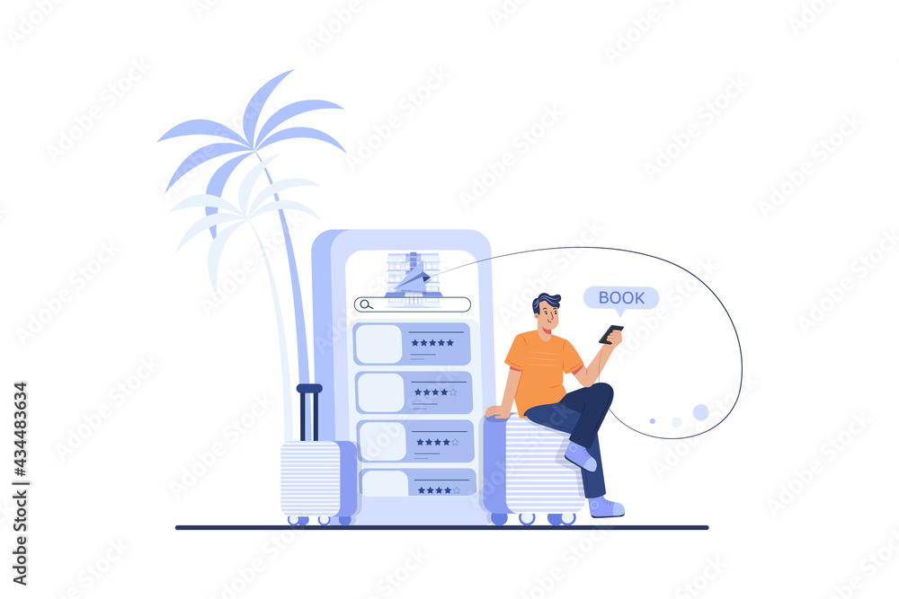 Man Booking Hotel Illustration concept. Flat illustration isolated on white background. Man Booking Hotel Illustration concept. Flat illustration isolated on white background.
