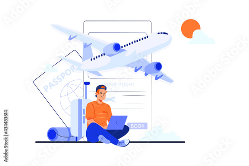 Man Doing Online Flight Booking Illustration concept. Flat illustration isolated on white background.