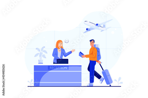 Man Going To Reception For Boarding Check Illustration concept. Flat illustration isolated on white background.