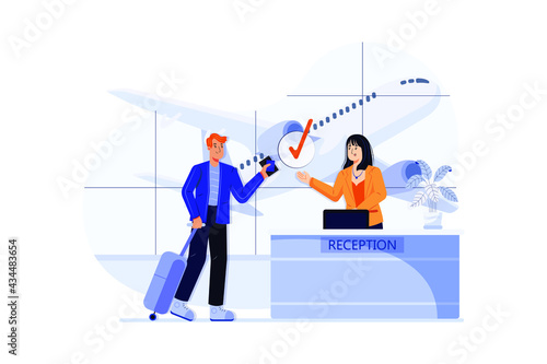 Man Doing Flight Boarding Illustration concept. Flat illustration isolated on white background.