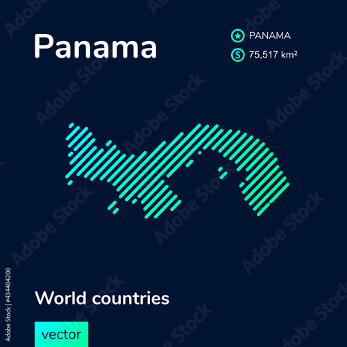 Map of Panama. Vector creative digital neon flat line art abstract simple map with green, mint, turquoise striped texture  on dark blue background. Educational banner, poster about Panama 