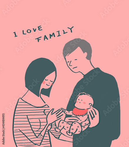 赤ちゃんを抱っこする母親と父親、夫婦、出産（テキスト有）