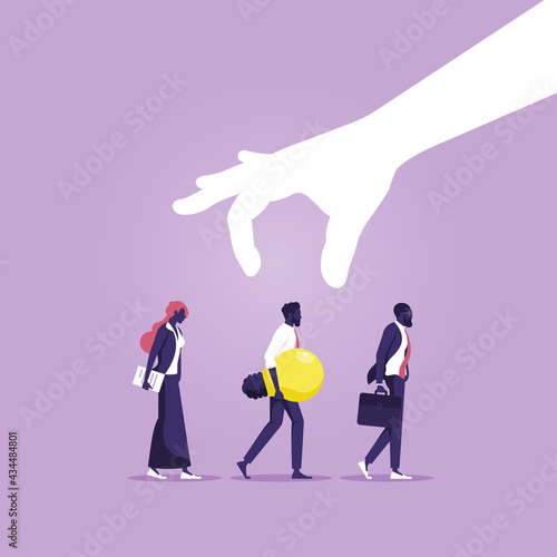 Human resources concept to choose perfect candidate, Hand pick businessman with idea from a group of people, Choosing the Best Business Idea