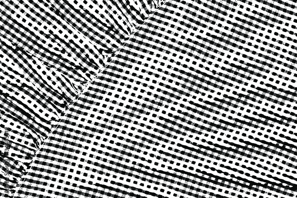 Grunge texture of checkered fabric with seam and pleats. Monochrome background of wrinkled cotton clothing with stains, noise and graininess. Overlay template. Vector illustration