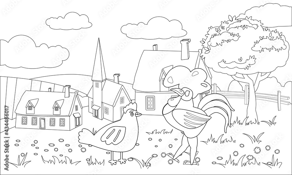 Farm animals coloring book educational illustration for children. Cute rooster and chicken, rural landscape colouring page. Vector black white outline cartoon characters