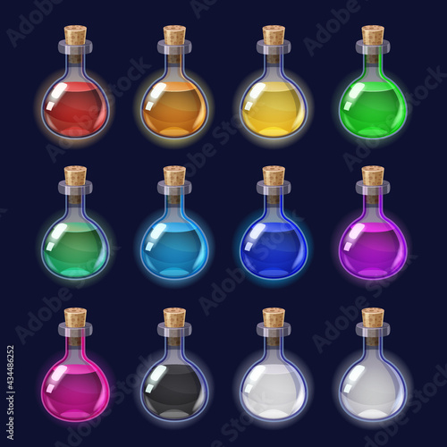 Set Bottles liquid potion magic elixir colorful . Game icon GUI for app games user interface. Vector illstration isolated cartoon style