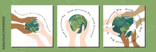 World Environment Day, june 5. Happy Mother Earth Day, Earth Hour. Environment protection. Hands hold planet gently. Vector flat cartoon illustration. Perfect for card, poster, flyer, banner design