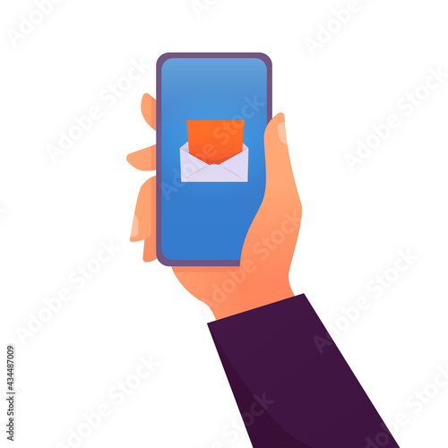 Illustration vector graphic of hand holding phone with incoming message. Perfect for logos, web pages, technology themed banners and communications.