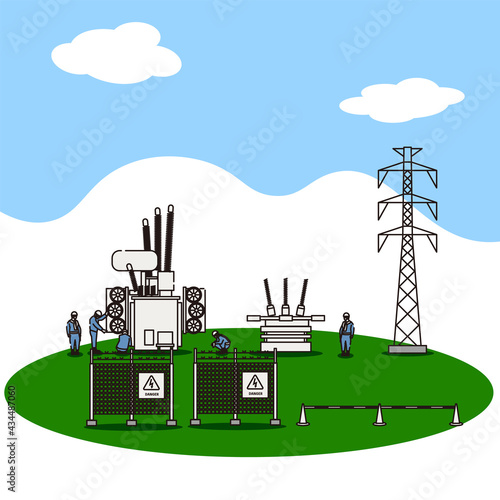変電所や発電所で働く作業員と変圧器や鉄塔