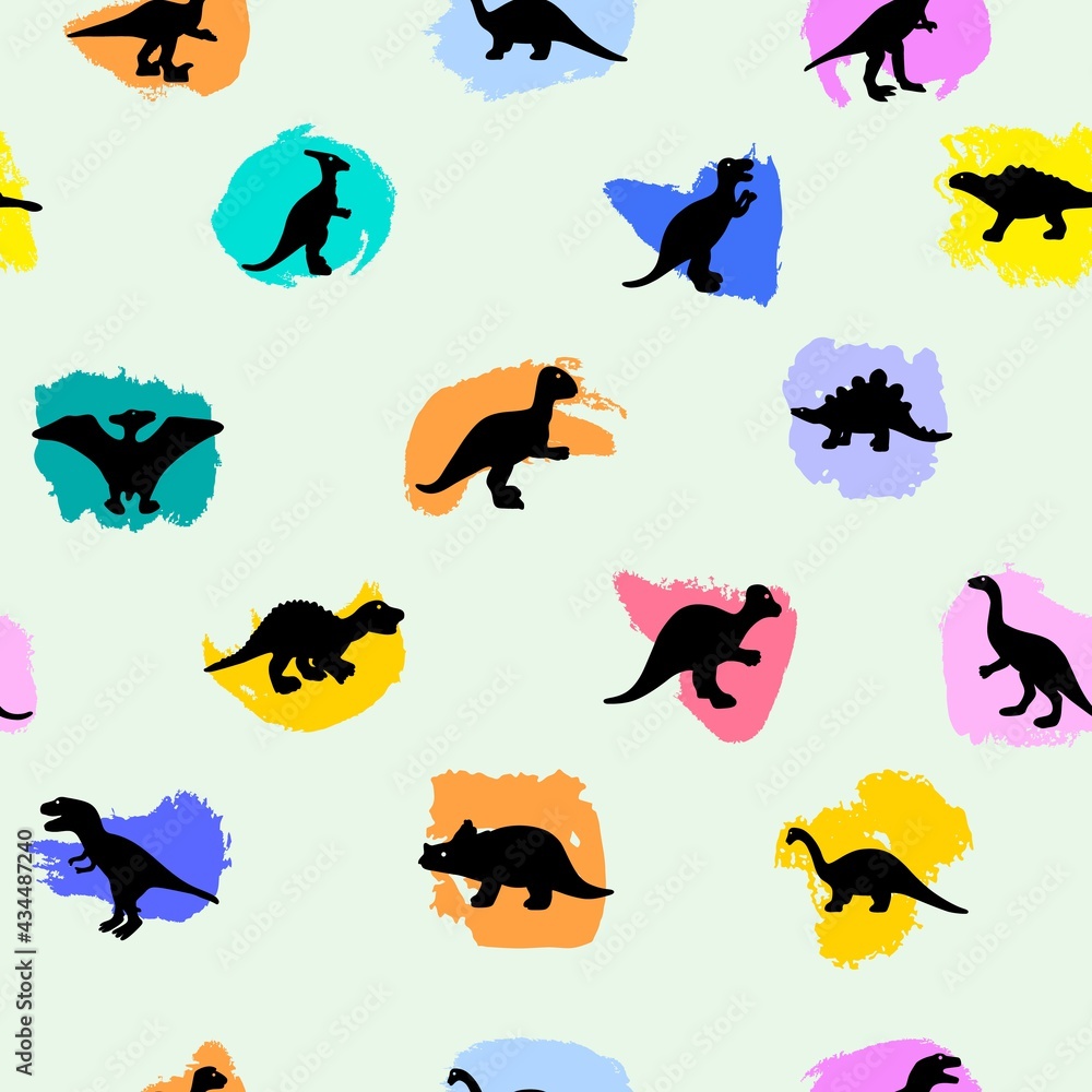 Seamless pattern with silhouette of dinosaurs on colorful watercolor spots. Vector illustration.