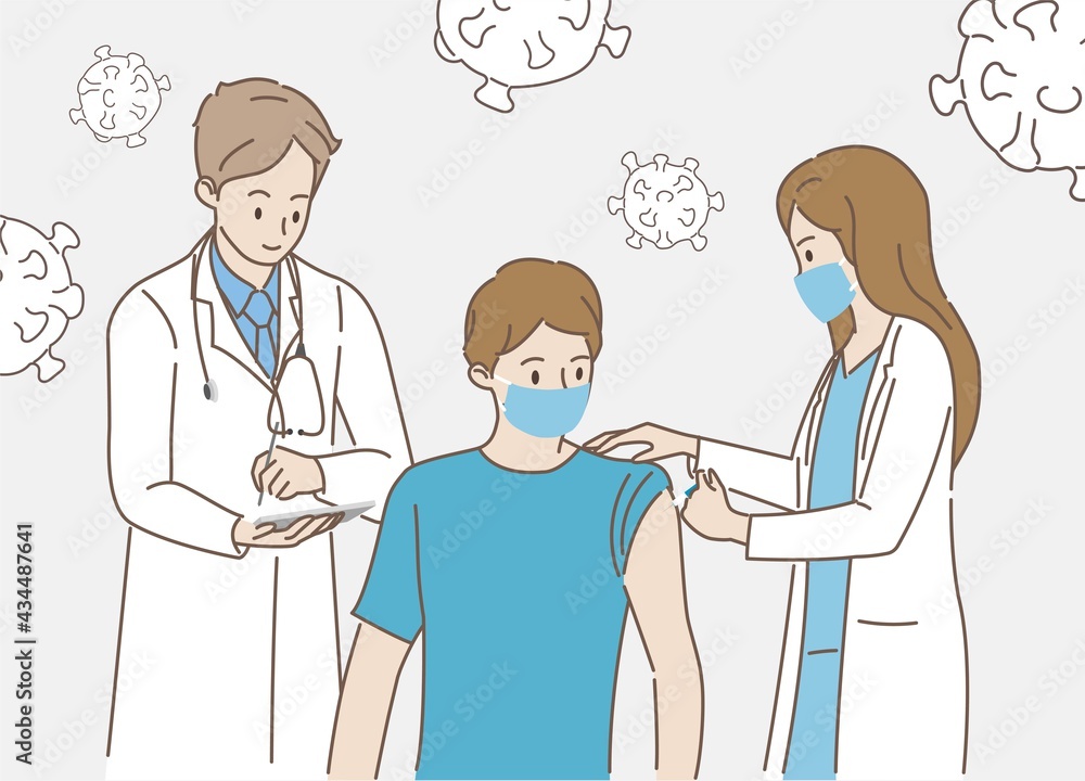 Doctor woman injecting covid-19 coronavirus vaccine for man to protect virus. Healthcare and medical concept. Hand draw style. Vector illustration. Doctor woman injecting covid-19 coronavirus vaccine for man to protect virus. Healthcare and medical concept. Hand draw style. Vector illustration.