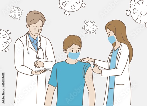Doctor woman injecting covid-19 coronavirus vaccine for man to protect virus. Healthcare and medical concept. Hand draw style. Vector illustration.