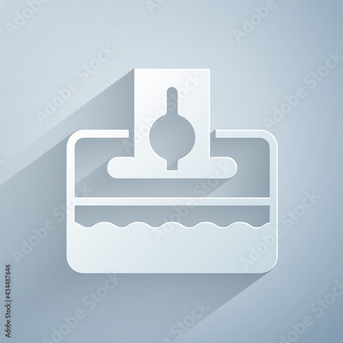 Paper cut Donate or pay your zakat as muslim obligatory icon isolated on grey background. Muslim charity or alms in ramadan kareem before eid al-fir. Paper art style. Vector
