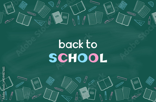 Back to school hand lettering, border of school supplies and office stationary on a green chalkboard background. Education items. Vector design template for invitation, postcard, banner, poster, flyer