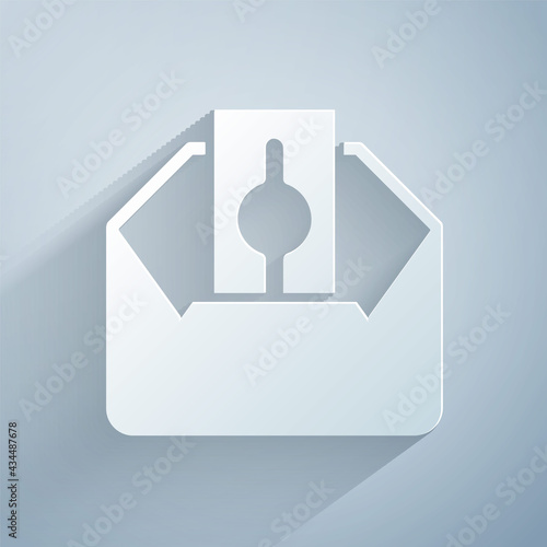 Paper cut Donate or pay your zakat as muslim obligatory icon isolated on grey background. Muslim charity or alms in ramadan kareem before eid al-fir. Paper art style. Vector