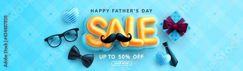 Father's Day Sale poster or banner template with necktie,glasses and gift box on blue.Greetings and presents for Father's Day in flat lay styling.Promotion and shopping template for love dad concept