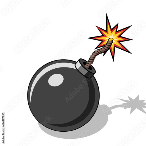 Cartoon bomb icon with burning fuse and shadow on white background. Vector illustration