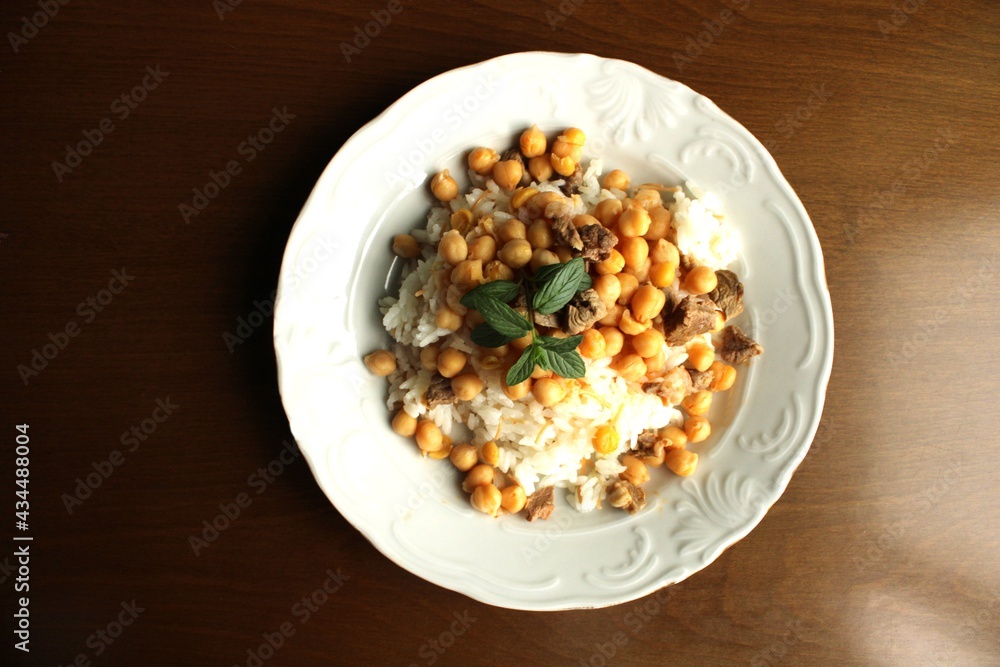 rice with meat and chickpeas, top view rice with meat and chickpeas, top view