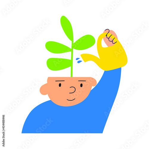 Boy to water plant in his head. Mental health concept. Illustration on white background.