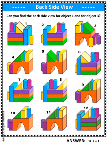 Educational math puzzle with building blocks objects (suitable both for children and adults): Can you find the back side view for object 1 and for object 3? Answer included.
