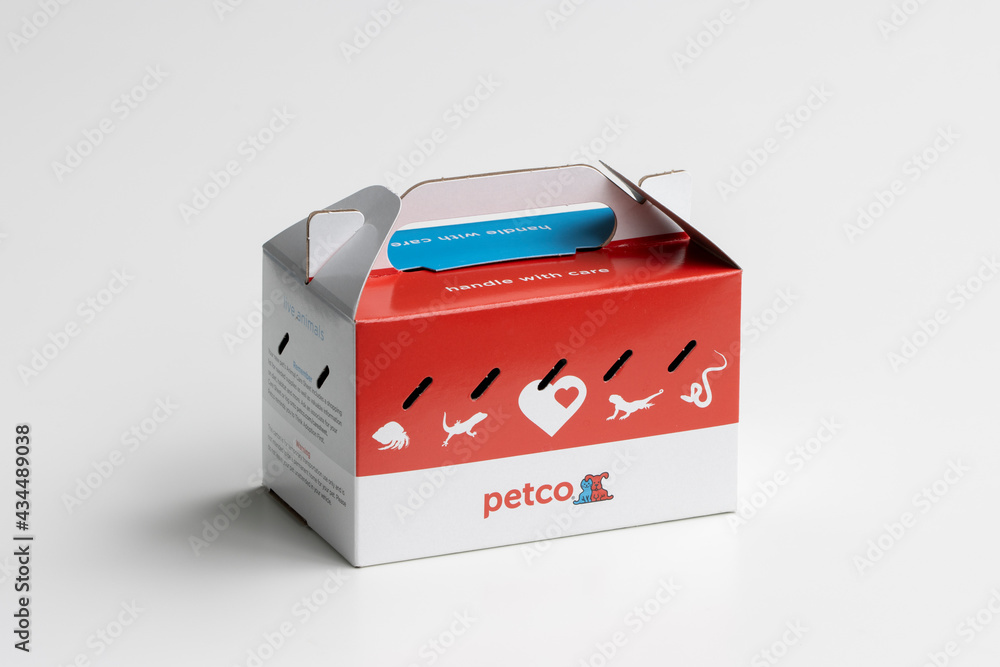 Portland, OR, USA - Mar 28, 2021: A Petco branded cardboard box for  carrying small live animals