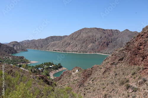 Panorama view to the Cañon del atuel San Rafael Mendoza in Argentina South Aermica, dry mountains and blue water in the lake