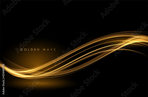 Abstract Gold Waves. Shiny golden moving lines design element with glitter effect on dark background for greeting card and disqount voucher.